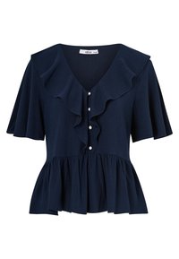 Marinblus med kort ärm och volangkant vid V-ringning, pärlknappar längs framsidan och peplumsläpp.