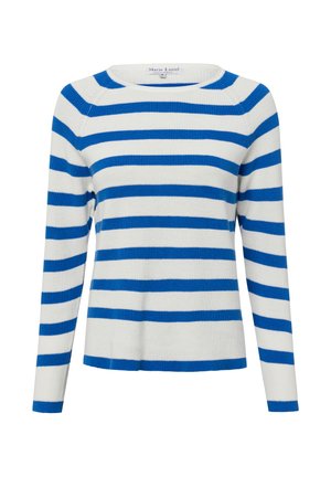 Gestreifter Pullover mit Rundhalsausschnitt, der weiße und blaue horizontale Streifen zeigt. Stricktextur, lange Ärmel und eine lockere Passform.