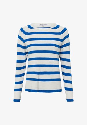 Gestreifter Pullover mit Rundhalsausschnitt, der weiße und blaue horizontale Streifen zeigt. Stricktextur, lange Ärmel und eine lockere Passform.