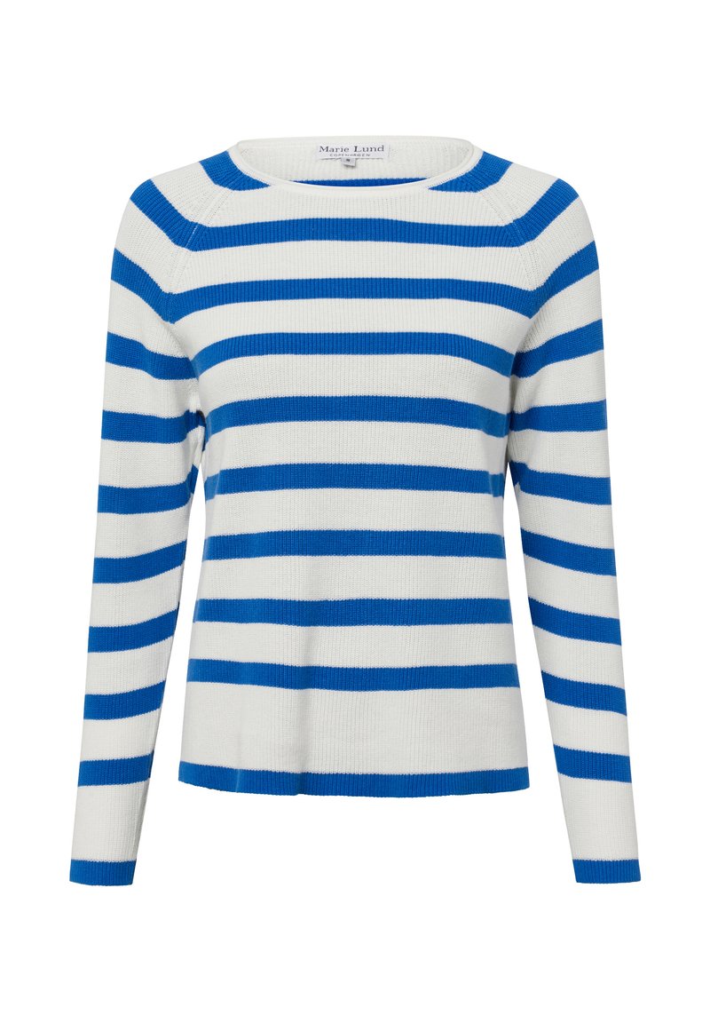 Gestreepte trui met een ronde hals, voorzien van witte en blauwe horizontale strepen. Gebreide textuur, lange mouwen en een relaxte pasvorm.