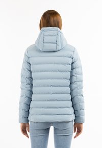 Giacca a vento di un blu chiaro con sezioni trapuntate orizzontali, cappuccio e maniche lunghe. Texture liscia con una silhouette aderente.