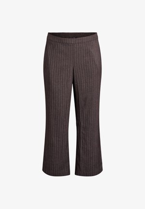 Temno rjave hlače z vzorcem pinstripes v svetlejših odtenkih. Elastičen pas in zasnova s širokimi hlačnicami. Narejene so iz mehkega tekstila.