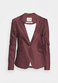 Bordowy żakiet wykonany z gładkiego materiału, z zapięciem na jeden guzik, dwoma przednimi kieszeniami oraz białą podszewką w wzory.