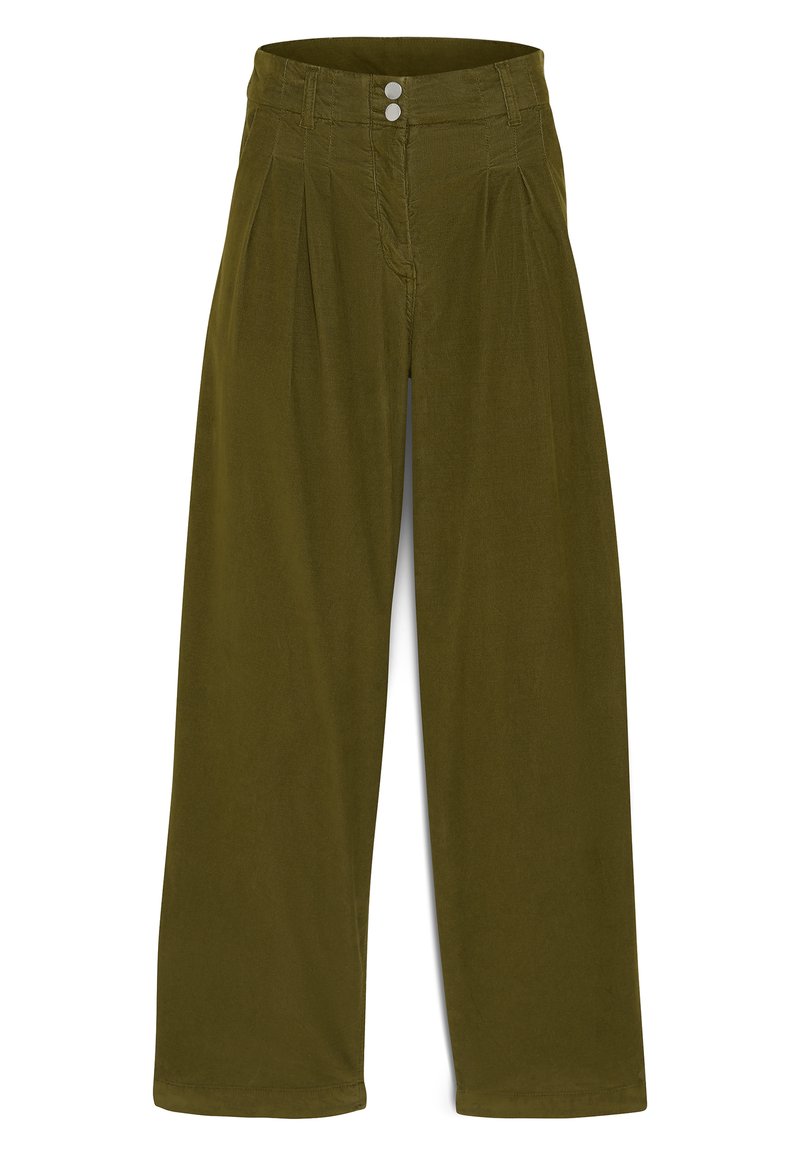 Weite Beine Hosen aus dunkelolivgrünem Cordstoff, mit vorderen Falten und doppelter Knopfverschluss. Glatte Textur, mit einem figurbetonten Bund.