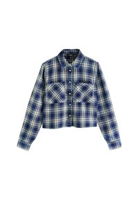 Geknipte geruite shirt in blauw, wit en marineblauw. Beschikt over een knoopsluiting aan de voorkant, twee borstzakken en een traditionele kraag. Katoenen stof.