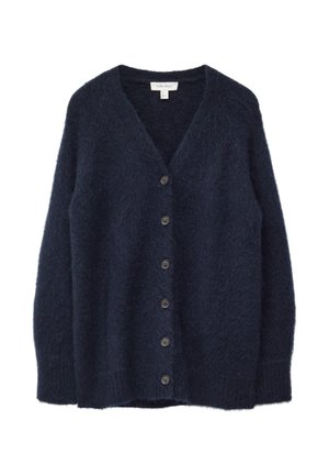 Dark navy blue fuzzy cardigan with long sleeves and six black buttons down the front, featuring a V-neck collar.