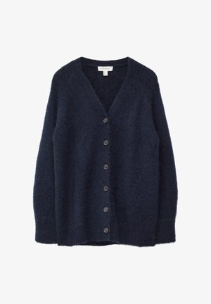 Dunkelblaues, flauschiges Cardigan mit langen Ärmeln und sechs schwarzen Knöpfen auf der Vorderseite, ausgestattet mit einem V-Ausschnitt.