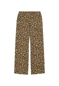Hlače širokega kroja z leopardjim vzorcem, ki se ponašajo z rjavimi in črnimi odtenki na bež podlagi, izdelane iz mehkega materiala z elastičnim pasom.