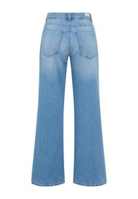 Jeans in denim blu a gamba larga con vita alta, due tasche posteriori e una tonalità chiara con una texture sbiadita.