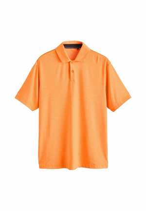 Leuchtend orangefarbenes Kurzarm-Poloshirt mit Zwei-Knopf-Leiste und klassischem Kragen, präsentiert auf weißem Hintergrund.