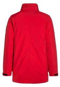 Rød vinterjakke med lange ærmer, høj krave og justerbare Velcro-manchetter vist fra bagsiden.