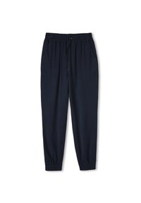 Navyblauwe joggers van zacht materiaal, met een elastische tailleband met een trekkoord en gerimpelde boorden. Inclusief zijzakken.