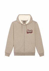 Hoodie beige zippé avec un intérieur doux en polaire, arborant un design brodé "Amour" rouge sur la poitrine et deux poches avant.