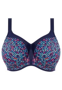 Draadloze, marineblauwe beha met een geometrisch patroon in blauw, roze en paars. Voorzien van verstelbare banden en een centraal decoratief detail.