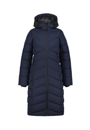 Marineblauer Steppmantel mit Kapuze, ausgestattet mit einem Frontreißverschluss, Seitentaschen und einem Chevron-Muster für Isolierung und Wärme.