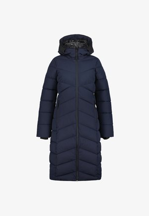 Marineblauer Steppmantel mit Kapuze, ausgestattet mit einem Frontreißverschluss, Seitentaschen und einem Chevron-Muster für Isolierung und Wärme.