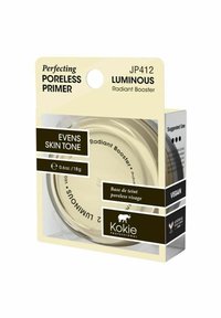Transparent burk med ett gold lock, som innehåller en primer. Etiketterna visar "Perfecting Poreless Primer" och "Luminous Radiant Booster." Vegansk.