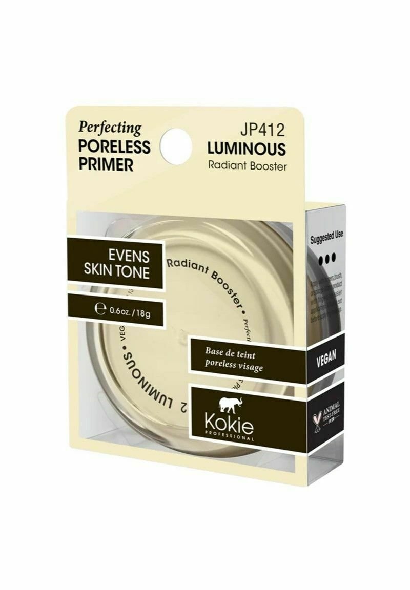 Transparent burk med ett gold lock, som innehåller en primer. Etiketterna visar "Perfecting Poreless Primer" och "Luminous Radiant Booster." Vegansk.