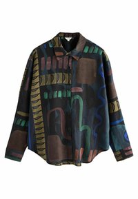 Camicia a maniche lunghe con bottoni, caratterizzata da motivi astratti geometrici in marrone scuro, verde, blu e rosso smorzato su uno sfondo nero.