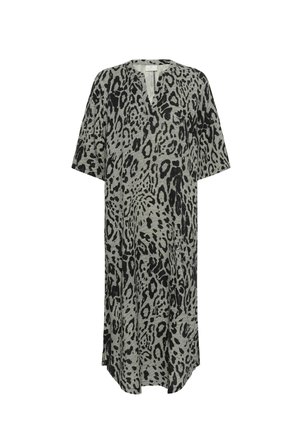 Knälång kaftan i lätt tyg med grå bakgrund och svart leopardmönster, med V-ringning och korta ärmar.