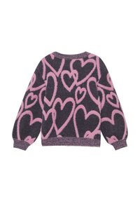 Maglione nero morbido con grandi motivi a forma di cuore rosa, scollatura rotonda e maniche lunghe con polsini e orlo a coste.