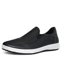 Black slip-on leather shoe with white sole, rounded toe, and low heel, designed for casual or everyday wear.