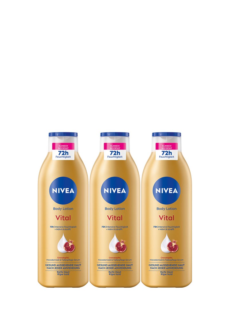 Three gold-colored NIVEA Vital body lotion bottles with blue caps, labeled for 72-hour moisture and pomegranate macadamia serum, arranged side by side.