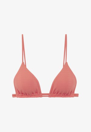 Trikotni bikini zgornji del iz mehke rožnate tkanine z rebrasto teksturo, z oprsnimi tankimi nastavljivimi naramnicami in nabrano obrobo na dnu.