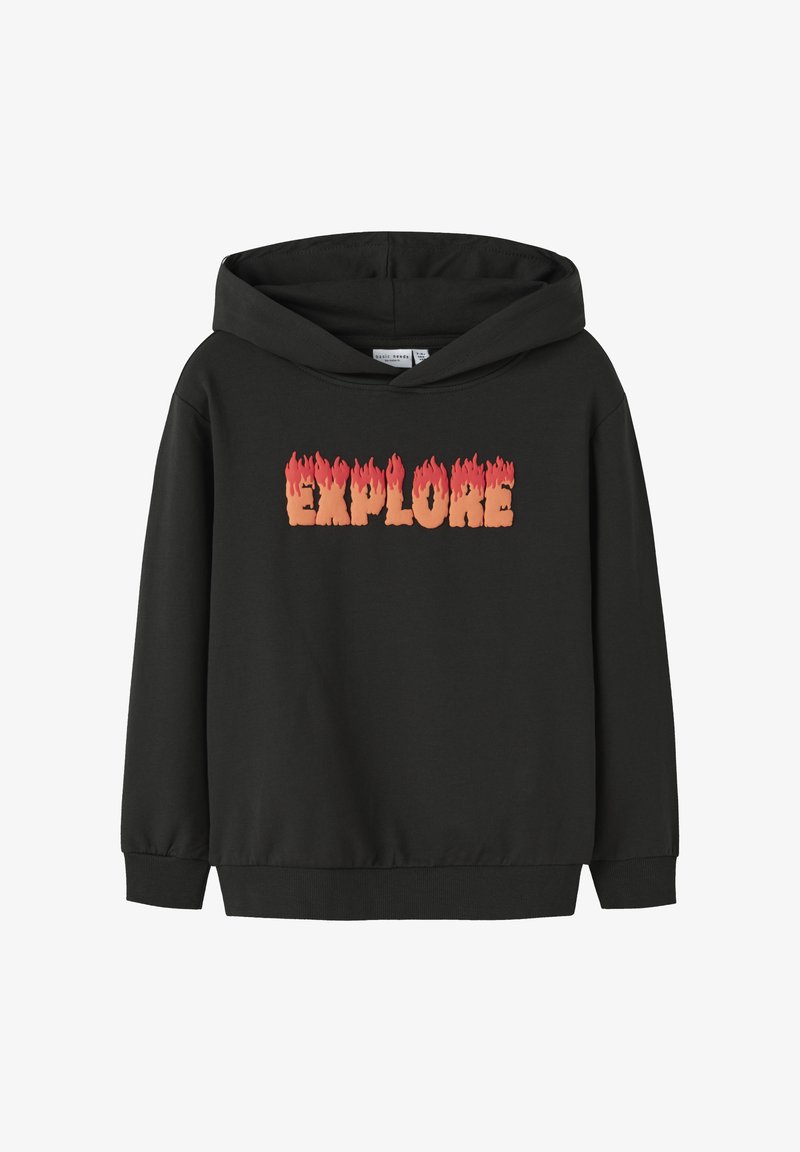 Hoodie en coton noir avec un motif devant portant le mot "EXPLORE" en graphismes orange et rouge flamboyants. Manches longues et ourlet côtelé.