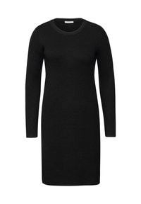 Schwarzes geripptes Strickkleid mit langen Ärmeln und Rundhalsausschnitt. Der Stoff ist strukturiert und sorgt für eine figurbetonte Silhouette.