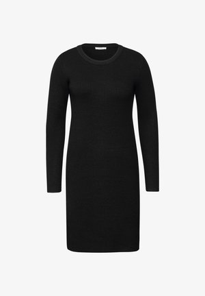 Svart ribbad stickad klänning med långa ärmar och rund halsringning. Tyget är texturerat och ger en figurnära silhuett.