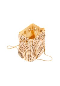 Borsa a secchiello rotonda realizzata in tessuto dorato decorata con paillettes bianche. Chiusura con cordoncino e due cordini laterali per il trasporto.