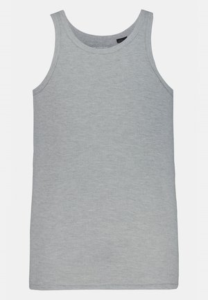 Top grigio senza maniche con una texture a costine e scollatura rotonda. Realizzato in morbido cotone, presenta uno stile semplice e classico.