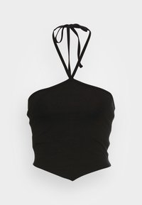 Top cropped preto, com design justo, amarração no pescoço, textura suave e bainha em forma de V. Tecido leve.