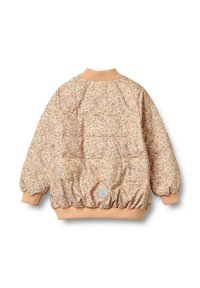Prešívaná bomber bunda v jemnej broskyňovej farbe s kvetinovým vzorom. Má rebrované manžety a lem, okrúhly výstrih a detail v podobe kruhového loga.