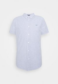 Krátký rukáv košile s modro-bílými vertikálními pruhy, s knoflíkovým zapínáním vpředu a malým logem na levé hrudi. Vyrobena z bavlny.