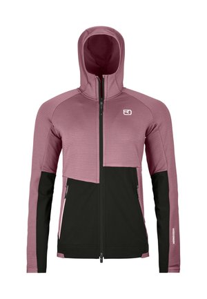 Kapuzensweatjacke mit durchgehendem Frontreißverschluss, langen Ärmeln und zwei Reißverschlusstaschen, in einem rosa-schwarzen Farbblock-Design.
