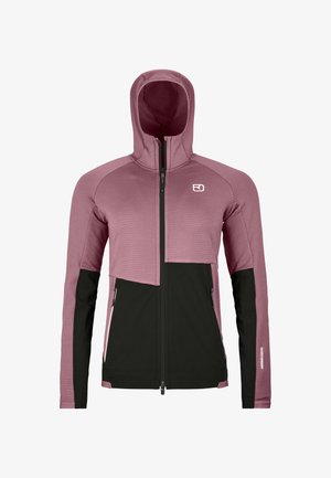 Kapuzensweatjacke mit durchgehendem Frontreißverschluss, langen Ärmeln und zwei Reißverschlusstaschen, in einem rosa-schwarzen Farbblock-Design.