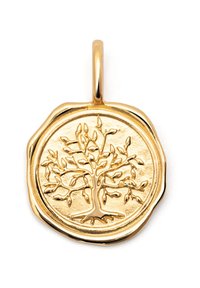 Goldanhänger mit einem strukturierten Design eines Baumes in einem kreisförmigen Rahmen, akzentuiert durch einen glatten Rand und eine Schlaufe zur Befestigung an Schmuck.