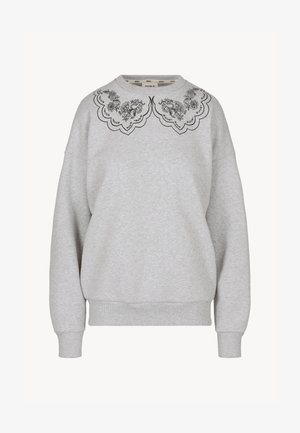 Grijze trui gemaakt van zachte stof, met een geschulpte bloemenprint langs de halslijn en geribbelde manchetten en zoom.