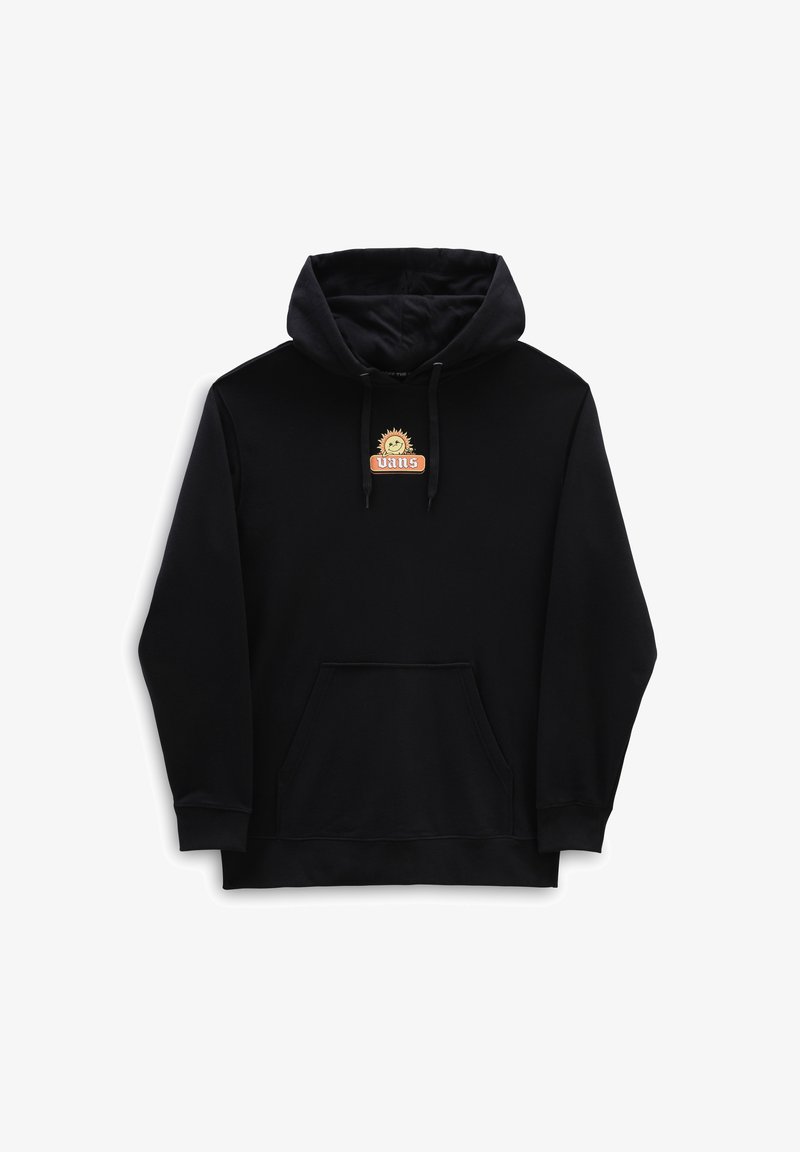 Sweat à capuche noir avec une poche avant, une capuche à cordon de serrage ajustable, et un patch logo avec un motif de soleil et le texte "vans". Texture du tissu douce.