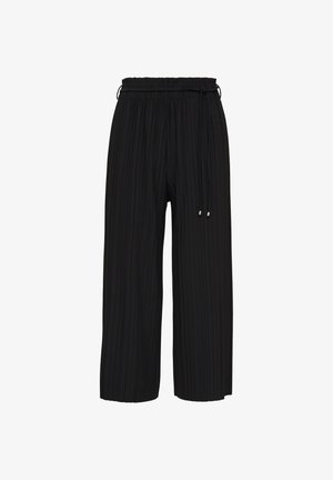 Pantalons larges plissés noirs avec taille élastique et cordon de serrage réglable. Présente une texture lisse et des détails métalliques aux extrémités du cordon.
