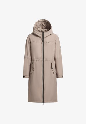Hosszú bézs parkaszerű kabát kapucnival, elöl cipzárral, két oldalsó zsebbel és állítható mandzsettákkal. Simább anyag, enyhén fényes felülettel.