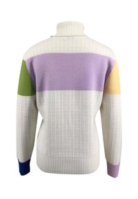 Strukturierter, gerippter Strickpullover mit hohem Kragen. Besitzt horizontale Farbstreifen in Creme, Grün, Lavendel, Gelb und Blau an den Bündchen.