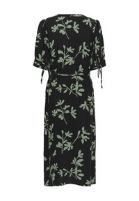 Rochie midi neagră cu imprimeu frunze verzi, mâneci scurte bufante cu detalii cu panglică și curea subțire la talie, văzută din spate.