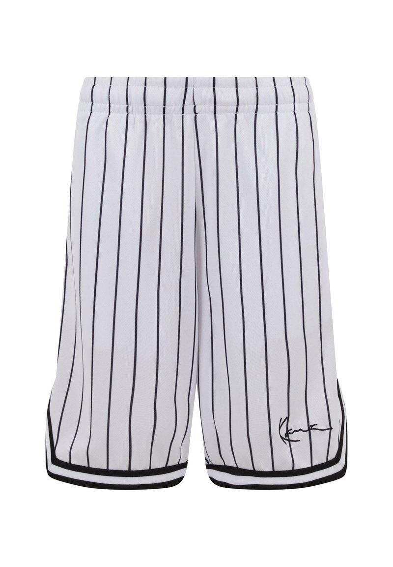 Bele športne kratke hlače bele barve z zoženimi črnimi črtami, elastičnim pasom in črnim obrobom na robu. Imajo značilno podrobnost na spodnjem delu noge.