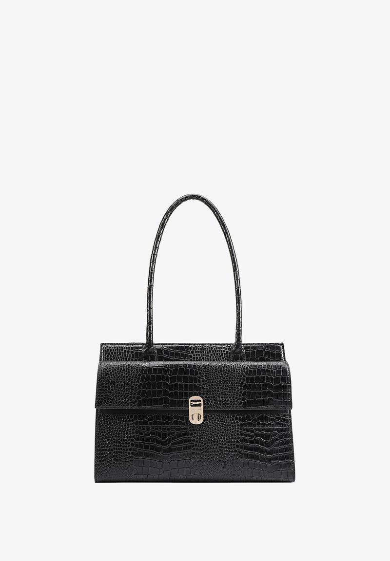Zwarte lederen handtas met krokodillenstructuur, gestructureerd ontwerp en een bovenhandvat. Voorzien van een voorflap en een metalen sluiting.
