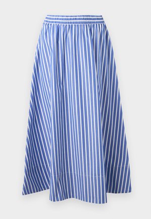 Blue and white striped skirt, featuring an elastic waistband and a flowing A-line silhouette, made from lightweight fabric.