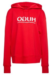 Pehmeästä kankaasta valmistettu punainen huppari, jossa on etutasku, kiristysnauhallinen huppu ja valkoinen logoteksti rinnassa. Sileä pinta.