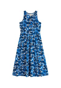 Blue floral print dress featuring a fitted bodice, sleeveless design, and a flared skirt, made from a lightweight fabric with a smooth texture.